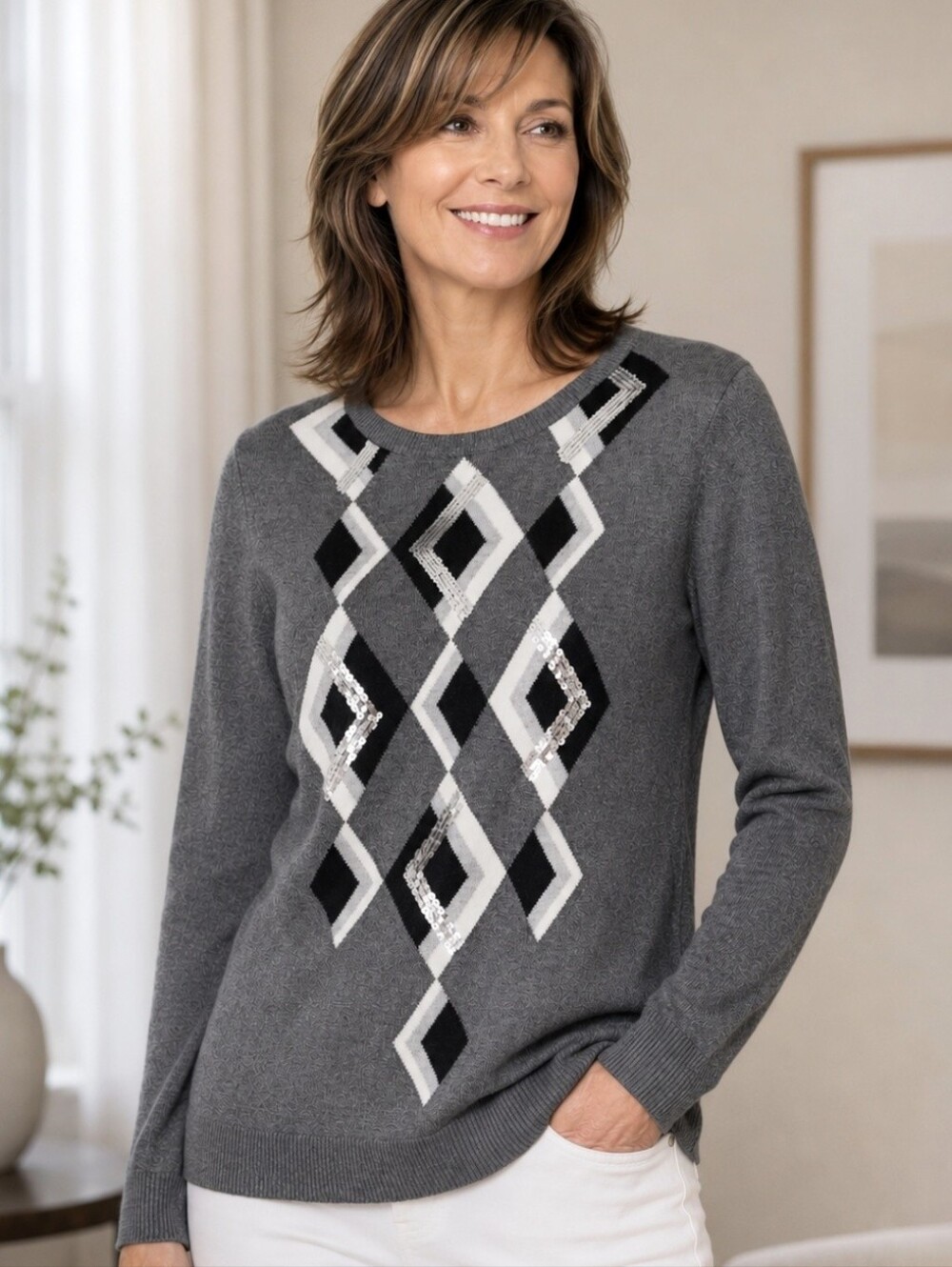 Charter Club Argyle Sequin Sweater Gray Black Geometric M